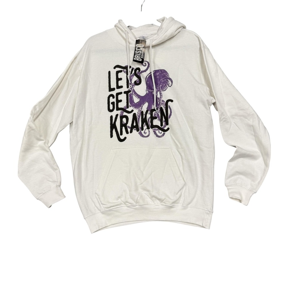 Brisco Brands Hoodie Mens Medium White Lets Get Kraken Octopus Graphic Fleece